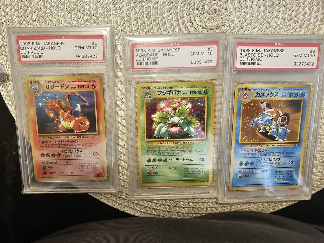 Tri PSA GEM MT 10 ocijenjene vintage Pokémon karte: Charizard, Venusaur i Blastoise CD Promo iz 1998.